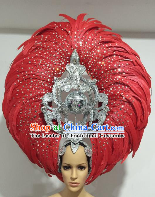 Red Feather Brazilian Carnival Headdress Rio Samba Dance Miami Catwalks Deluxe Hair Accessories for Women