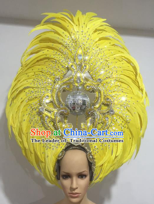 Yellow Feather Brazilian Carnival Headdress Rio Samba Dance Miami Catwalks Deluxe Hair Accessories for Women
