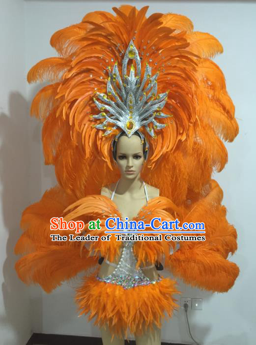 Top Grade Catwalks Costumes Brazilian Carnival Samba Dance Orange Feather Swimsuit and Wings for Women