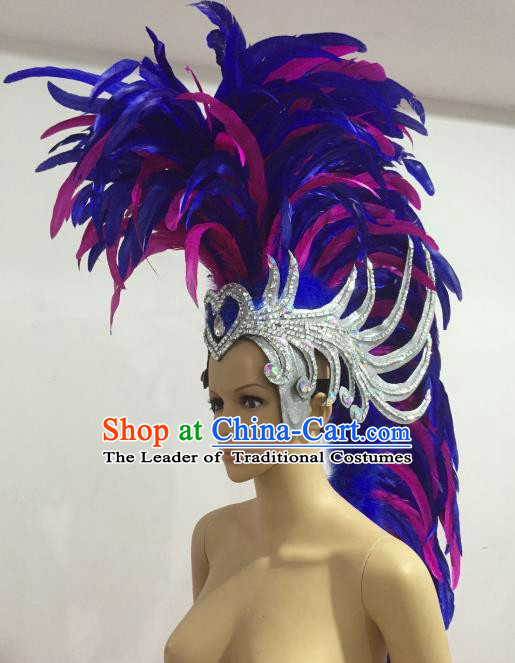 Brazilian Carnival Rio Samba Dance Blue and Rosy Feather Headdress Miami Catwalks Deluxe Hair Accessories for Men