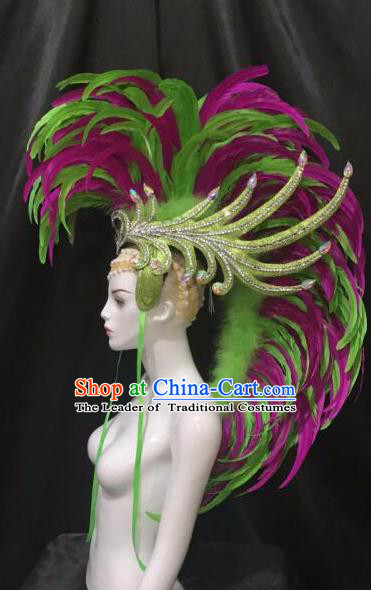 Brazilian Carnival Rio Samba Dance Green and Rosy Feather Headdress Miami Catwalks Deluxe Hair Accessories for Men