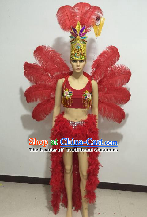 Top Grade Catwalks Costumes Brazilian Carnival Samba Dance Red Feather Swimsuit and Wings for Women