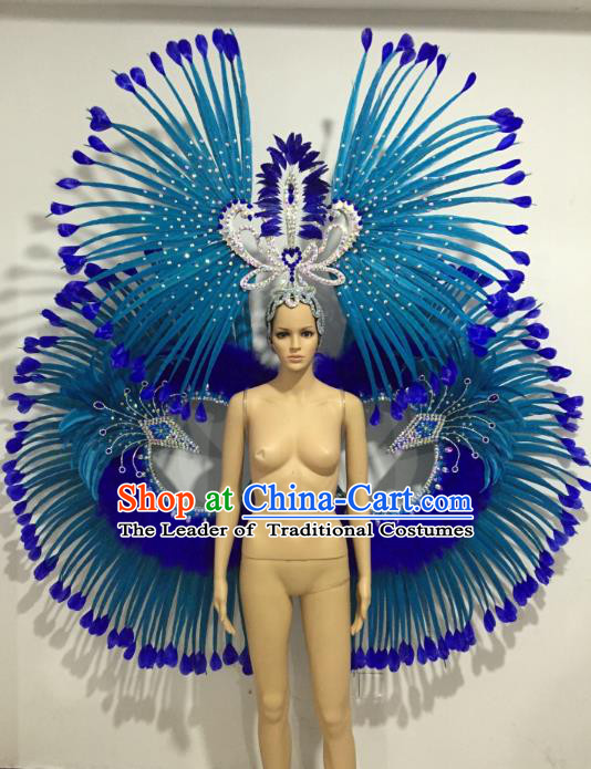 Brazilian Samba Dance Props Rio Carnival Miami Catwalks Blue Feather Wings and Headdress for Adults