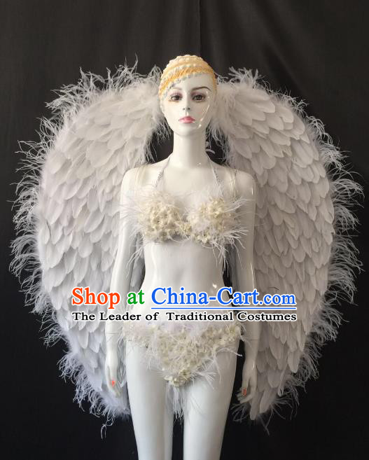 Brazilian Carnival Samba Dance Catwalks Costumes White Feather Swimsuit and Wings for Women