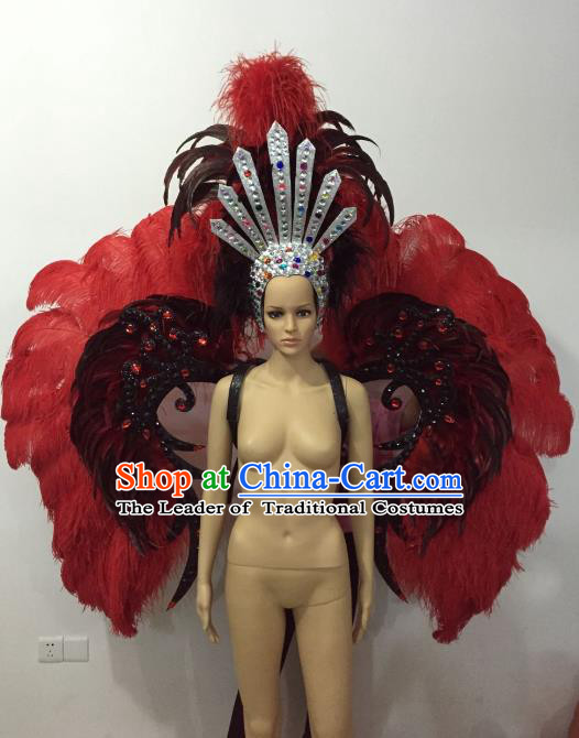 Brazilian Rio Carnival Samba Dance Props Catwalks Red Feather Wings and Headdress for Adults