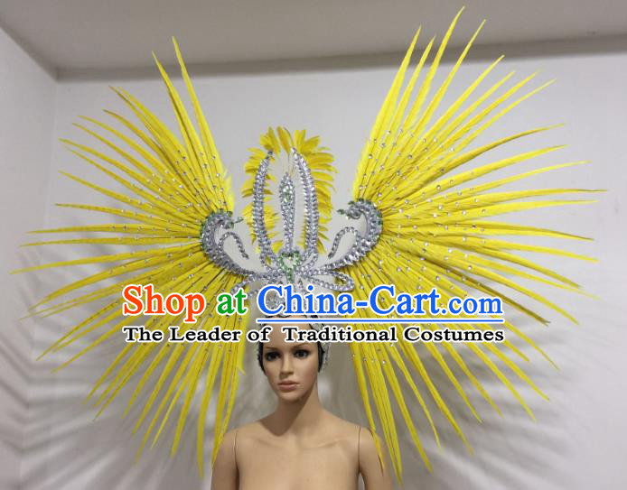 Brazilian Carnival Rio Samba Dance Yellow Feather Headdress Miami Catwalks Deluxe Hair Accessories for Women