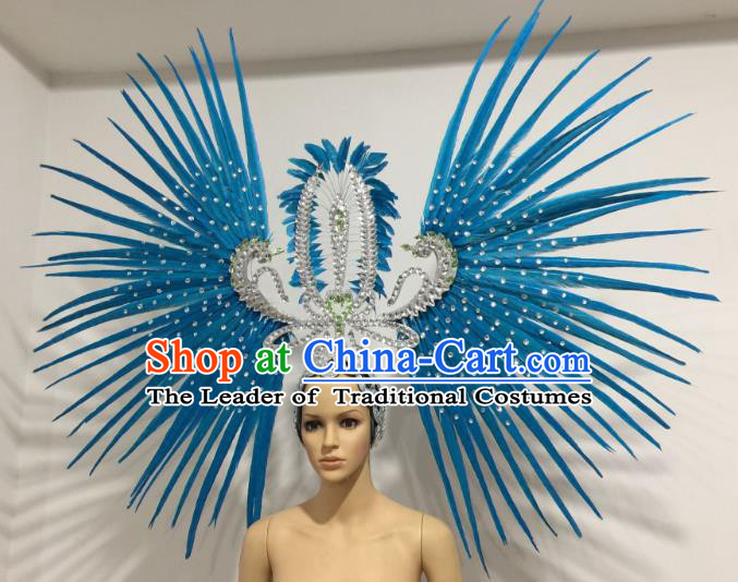 Brazilian Carnival Rio Samba Dance Blue Feather Headdress Miami Catwalks Deluxe Hair Accessories for Women