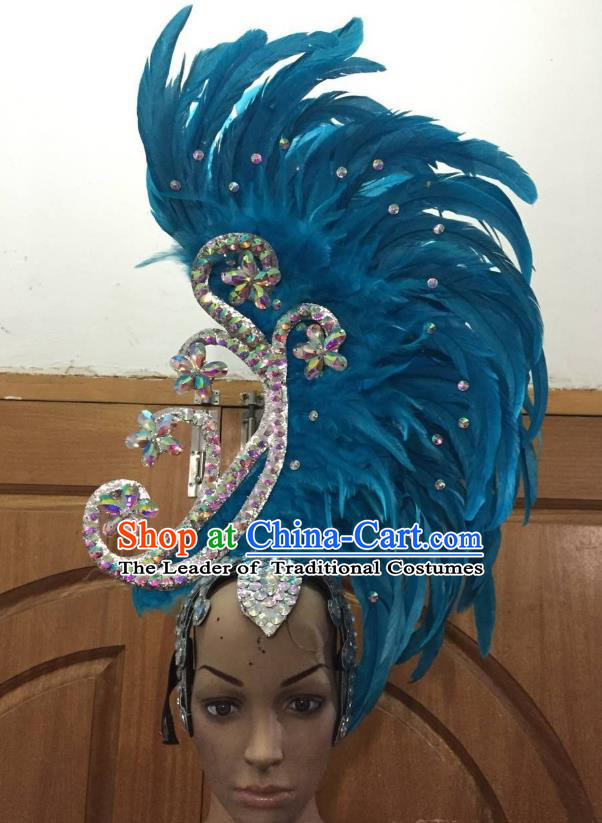 Deluxe Blue Feather Customized Samba Dance Hair Accessories Brazilian Rio Carnival Headdress for Women