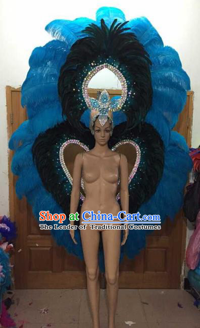 Custom-made Catwalks Props Brazilian Rio Carnival Samba Dance Blue Feather Deluxe Wings and Headdress for Women