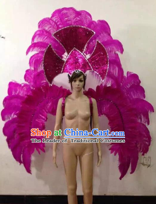 Customized Halloween Catwalks Props Brazilian Rio Carnival Samba Dance Purple Feather Deluxe Wings and Headwear for Women