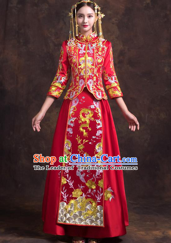 Traditional Chinese Bridal Costumes Ancient Bride Red Embroidered Longfeng Flown Toast Clothing Wedding XiuHe Suit for Women