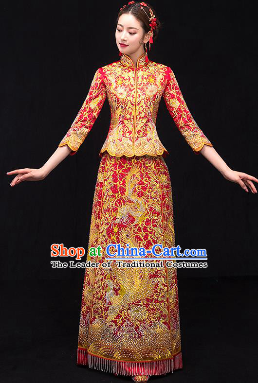 Traditional Chinese Female Wedding Costumes Ancient Embroidered Phoenix Red Full Dress XiuHe Suit for Bride
