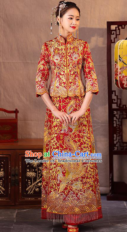 Traditional Chinese Style Female Wedding Costumes Ancient Embroidered Dragon Phoenix Red Full Dress XiuHe Suit for Bride