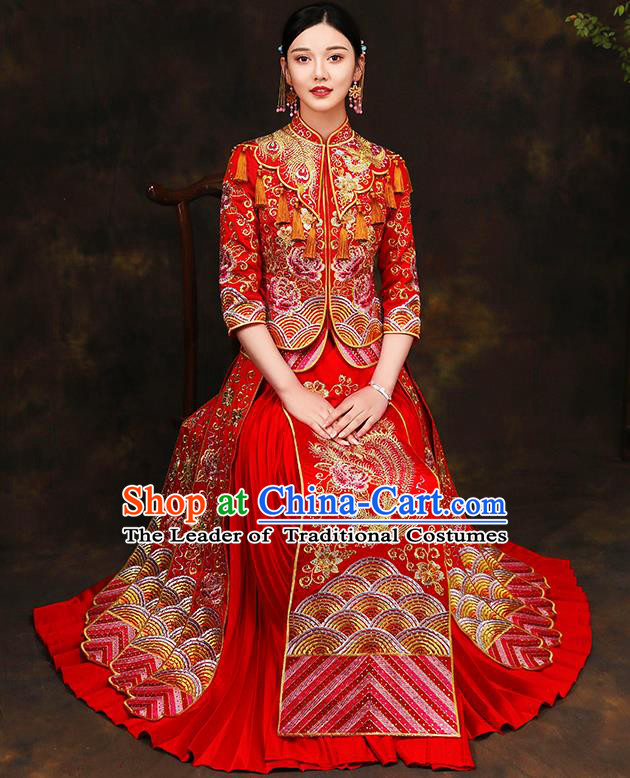 Traditional Chinese Style Female Wedding Costumes Ancient Embroidered Phoenix Peony Red Full Dress XiuHe Suit for Bride