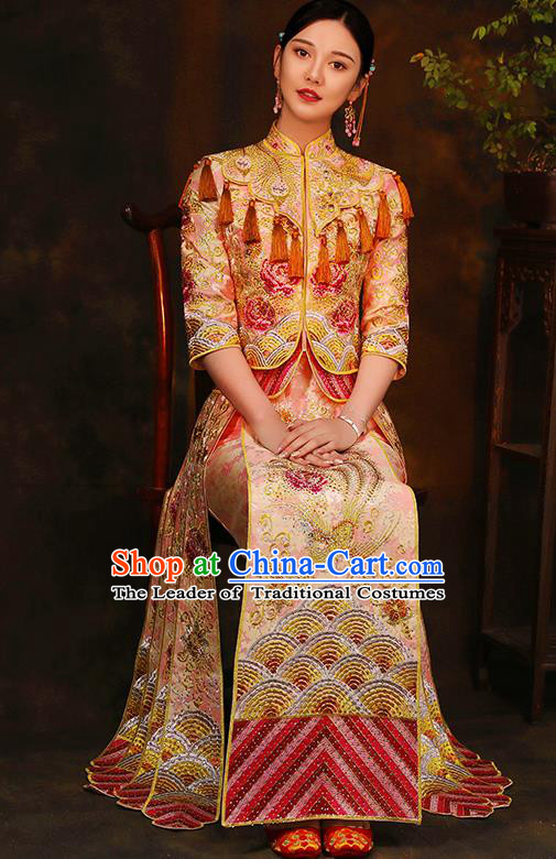 Traditional Chinese Style Female Wedding Costumes Ancient Embroidered Phoenix Peony Pink Full Dress XiuHe Suit for Bride
