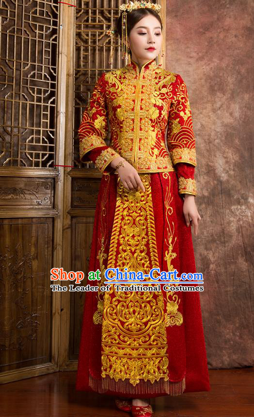 Chinese Traditional Wedding Costumes Ancient Bride Embroidered Red Xiuhe Suit for Women