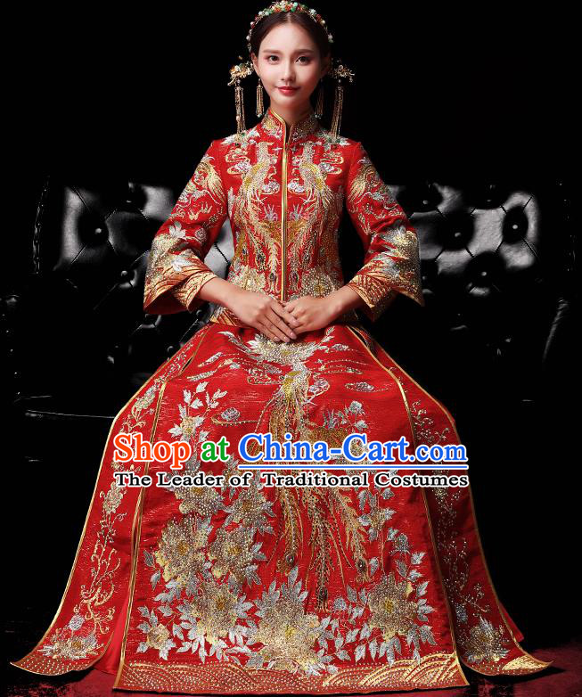 Traditional Chinese Style Female Wedding Costumes Ancient Embroidered Full Dress Red XiuHe Suit for Bride