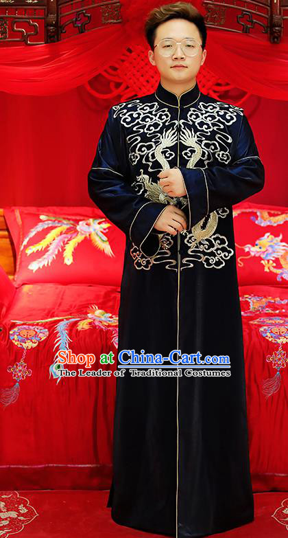 Traditional Ancient Chinese Wedding Navy Costumes Bridegroom Embroidered Tang Suit for Men