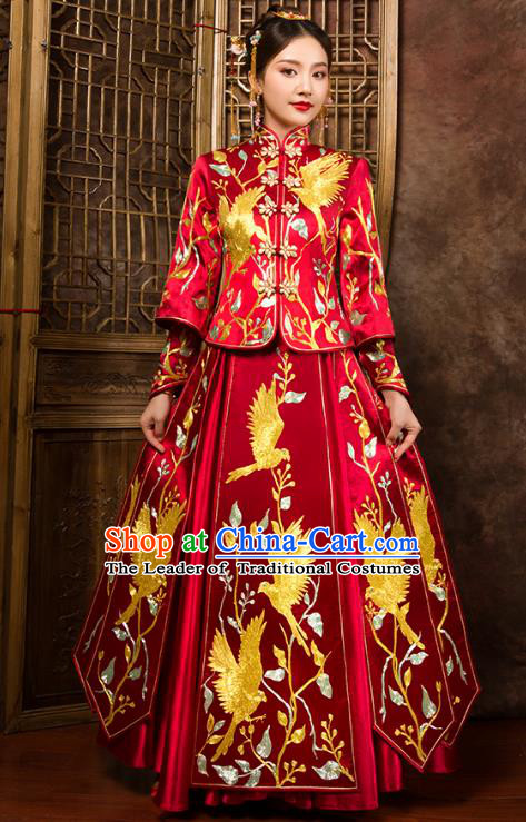 Traditional Chinese Embroidered Birds XiuHe Suit Wedding Costumes Full Dress Ancient Bottom Drawer for Bride