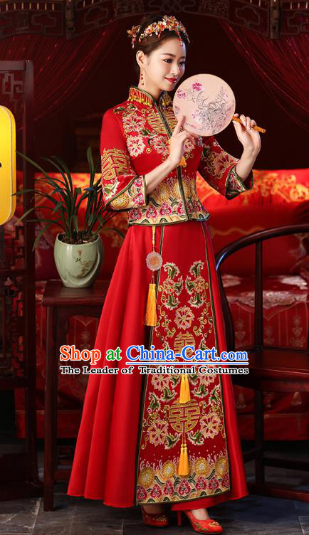 Chinese Ancient Embroidered Wedding Costumes Bride Red Formal Dresses XiuHe Suit for Women