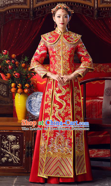 Chinese Ancient Bottom Drawer Traditional Wedding Costumes Embroidered Dragons Slim XiuHe Suit for Women