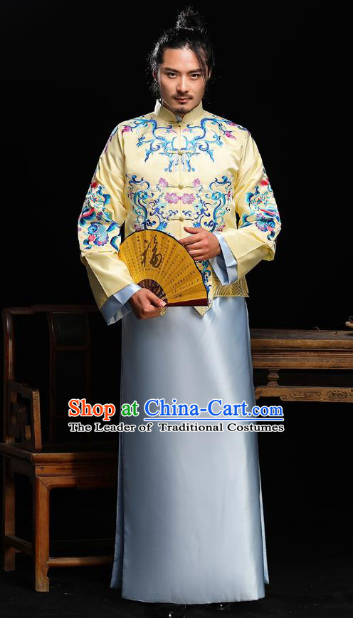 Traditional Ancient Chinese Wedding Blue Costumes Bridegroom Embroidered Tang Suit for Men