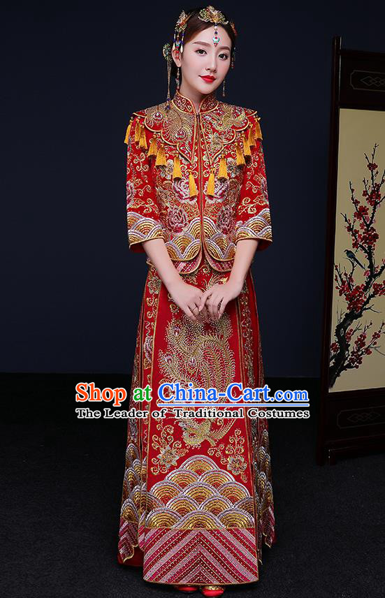 Traditional Chinese Embroidered Phoenix Peony Slim Red XiuHe Suit Wedding Costumes Full Dress Ancient Bottom Drawer for Bride
