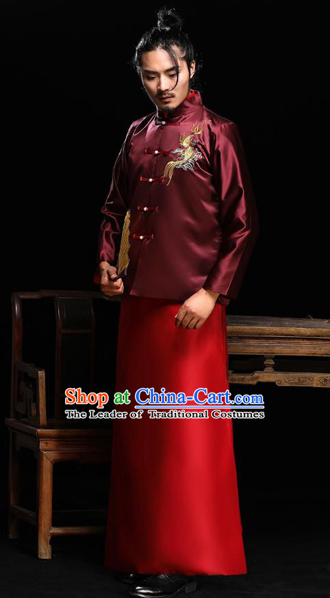 Ancient Chinese Wedding Wine Red Costumes Traditional Bridegroom Embroidered Tang Suit for Men