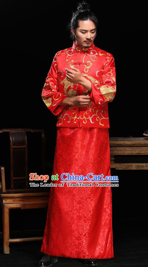 Ancient Chinese Wedding Red Toast Costumes Traditional Bridegroom Embroidered Tang Suit for Men