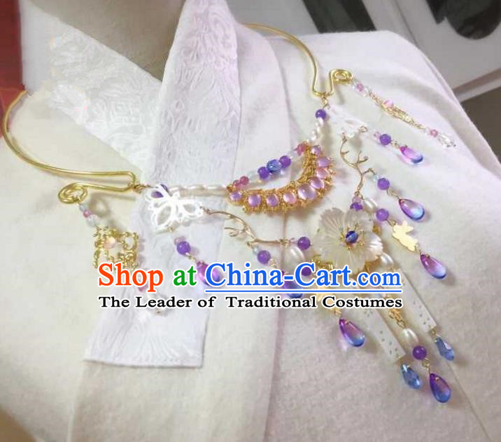 Handmade Chinese Traditional Accessories Hanfu Purple Crystal Tassel Necklace for Women