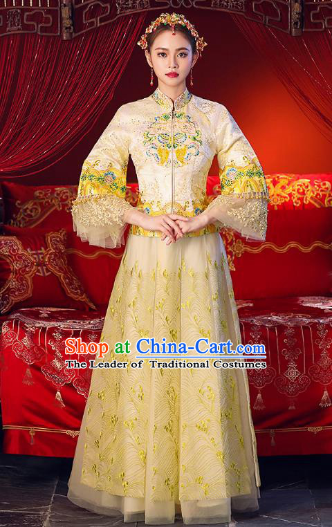 Chinese Ancient Traditional Wedding Costumes Bride Formal Dresses Embroidered Yellow Cheongsam XiuHe Suit for Women