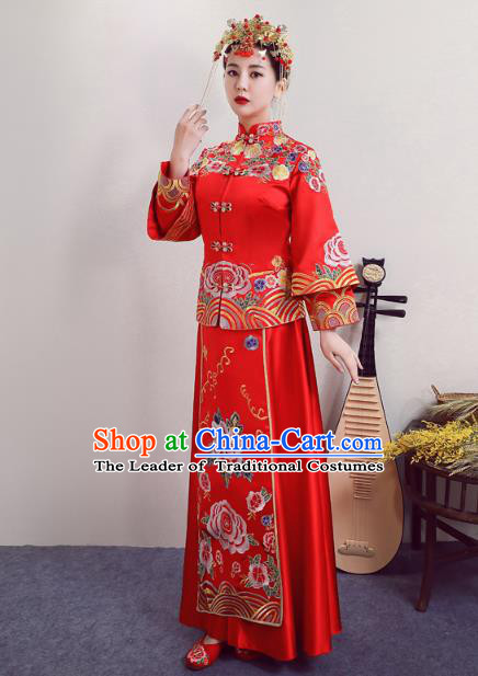 Chinese Ancient Wedding Costumes Bride Red Formal Dresses Embroidered Phoenix Peony XiuHe Suit for Women