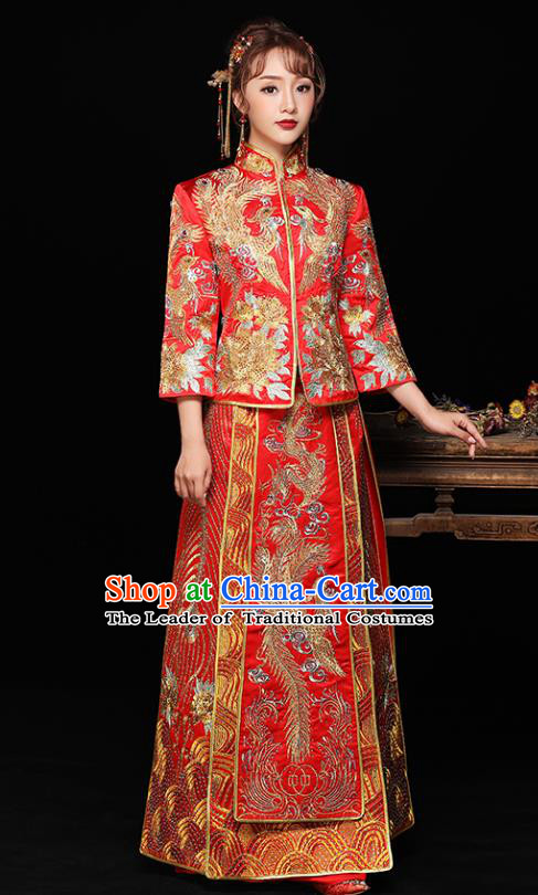 Chinese Ancient Bride Formal Dresses Wedding Costume Embroidered Phoenix Trailing Cheongsam Red XiuHe Suit for Women