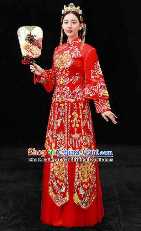 Chinese Ancient Bride Formal Dresses Xiuhe Suit Wedding Costume Embroidered Red Cheongsam for Women