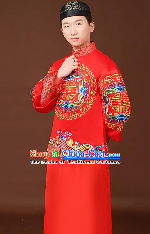 Ancient Chinese Wedding Toast Costumes Traditional Bridegroom Tang Suit Red Long Robe for Men