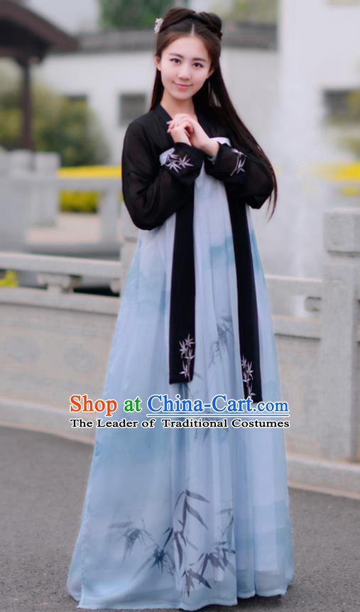 Chinese Tang Dynasty Young Lady Costume Ancient Printing Bamboo Hanfu Dress for Women