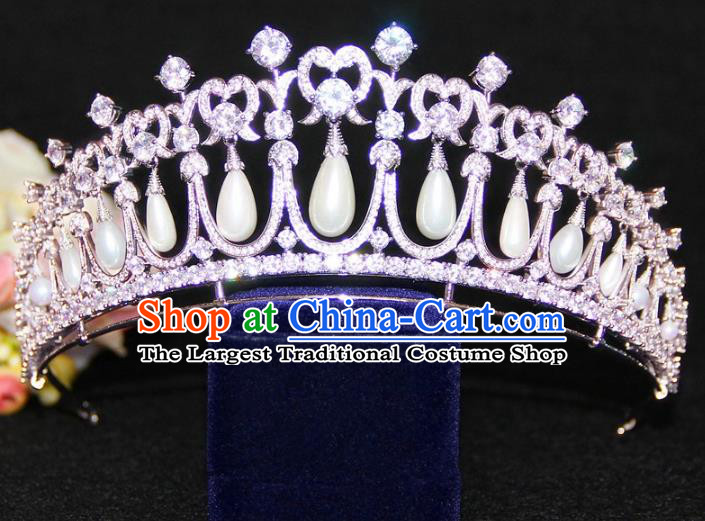 Top Grade Baroque Queen Crystal Pearls Royal Crown Wedding Bride Hair Accessories for Women