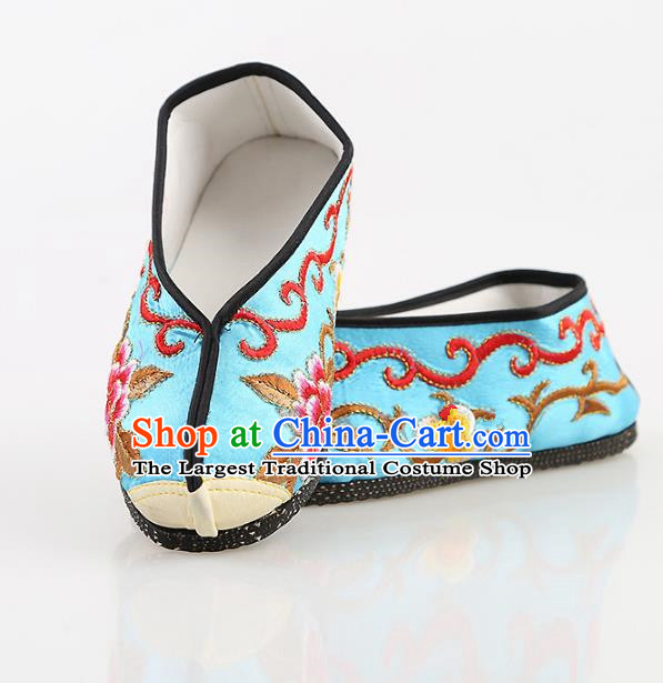Chinese Traditional Beijing Opera Embroidered Shoes Peking Opera Diva Blue Cloth Shoes for Women