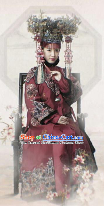 Story of Yanxi Palace Chinese Qing Dynasty Manchu Lady Bride Wedding Embroidered Costumes and Headpiece Complete Set