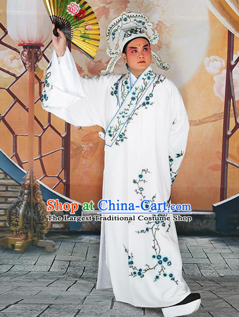 Professional Chinese Peking Opera Niche Costume Traditional Peking Opera Plum Blossom White Robe and Hat for Adults