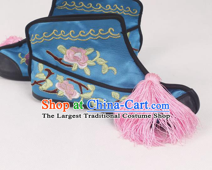 Chinese Traditional Beijing Opera Embroidered Boots Peking Opera Blues Blue Cloth Shoes for Women