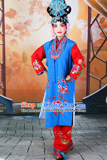 Professional Chinese Beijing Opera Maidservants Embroidered Plum Blossom Deep Blue Costumes for Adults