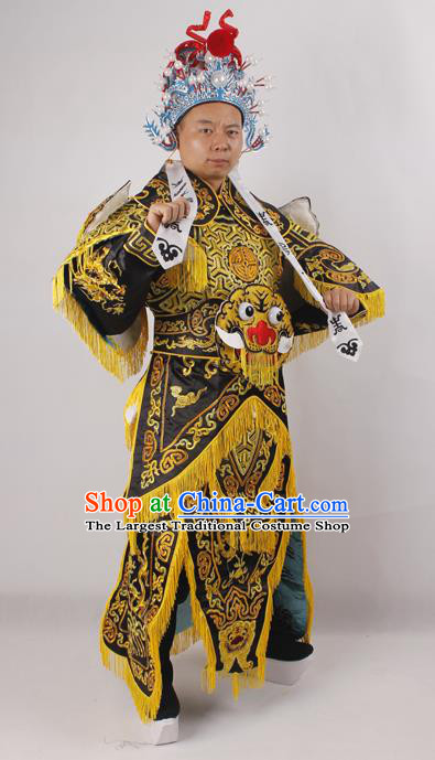 Professional Chinese Peking Opera General Black Embroidered Costume Beijing Opera Takefu Clothing and Hat for Adults