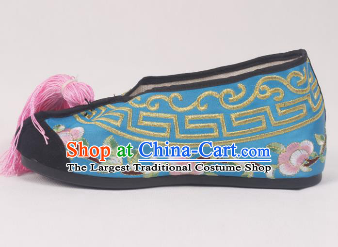 Chinese Traditional Beijing Opera Blue Embroidered Shoes Peking Opera Diva Blood Stained Shoes for Women
