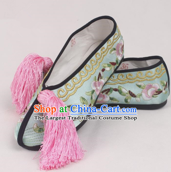 Chinese Traditional Beijing Opera Light Blue Embroidered Shoes Peking Opera Diva Blood Stained Shoes for Women