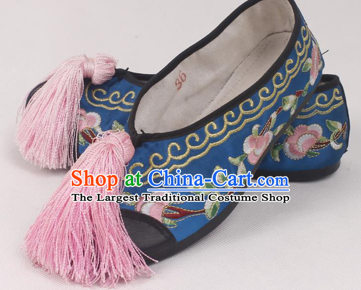 Chinese Traditional Beijing Opera Hanfu Blue Embroidered Shoes Peking Opera Diva Blood Stained Shoes for Women