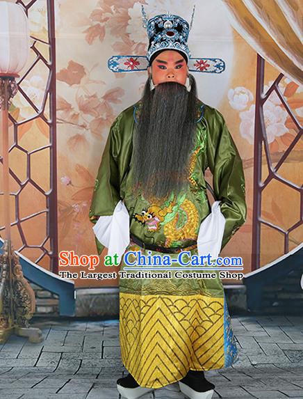 Professional Chinese Peking Opera Old Gentleman Costume Green Embroidered Robe and Hat for Adults
