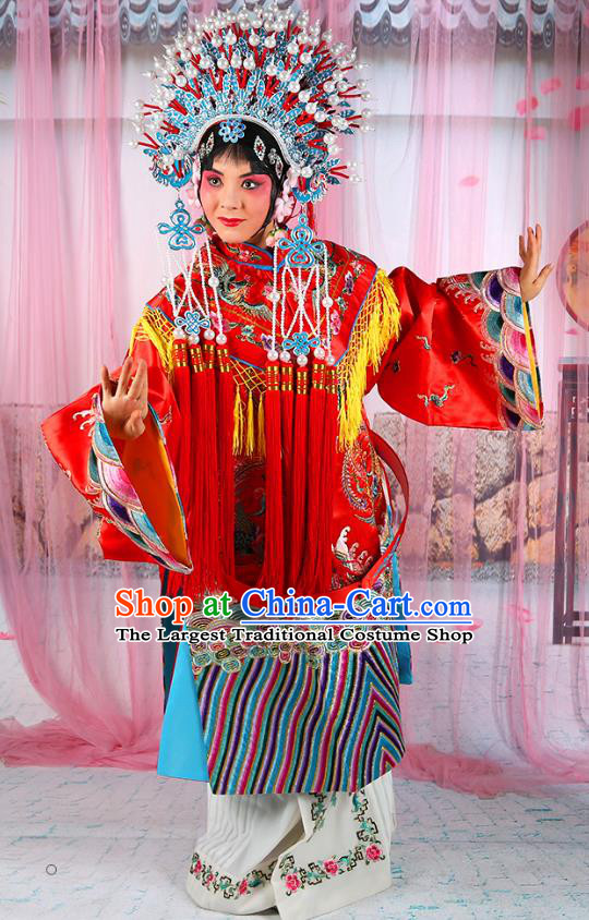 Professional Chinese Beijing Opera Diva Imperial Consort Embroidered Red Costumes and Phoenix Coronet for Adults