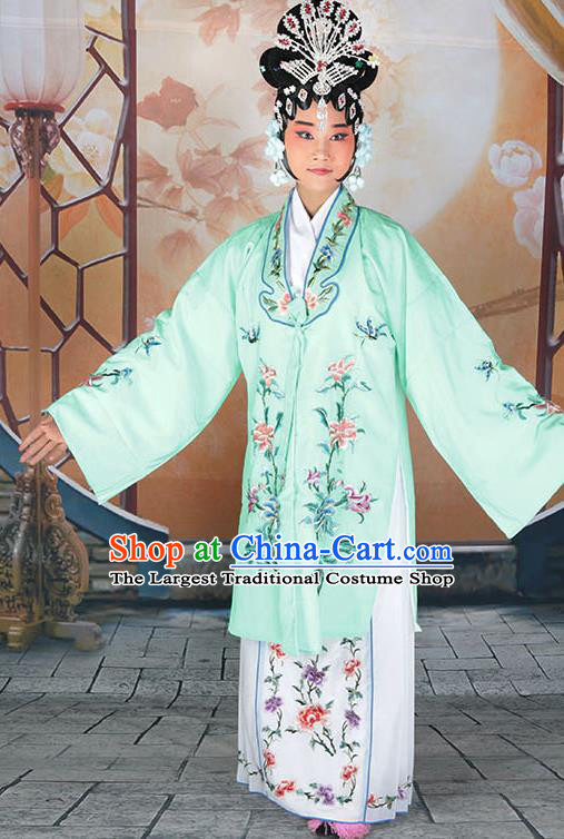 Professional Chinese Beijing Opera Actress Embroidered Peony Light Green Costumes for Adults