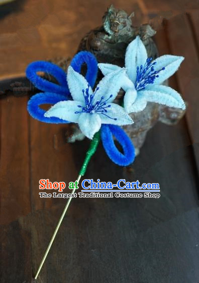 Top Grade Chinese Handmade Hair Accessories Qing Dynasty Blue Velvet Flowers Hairpins for Women